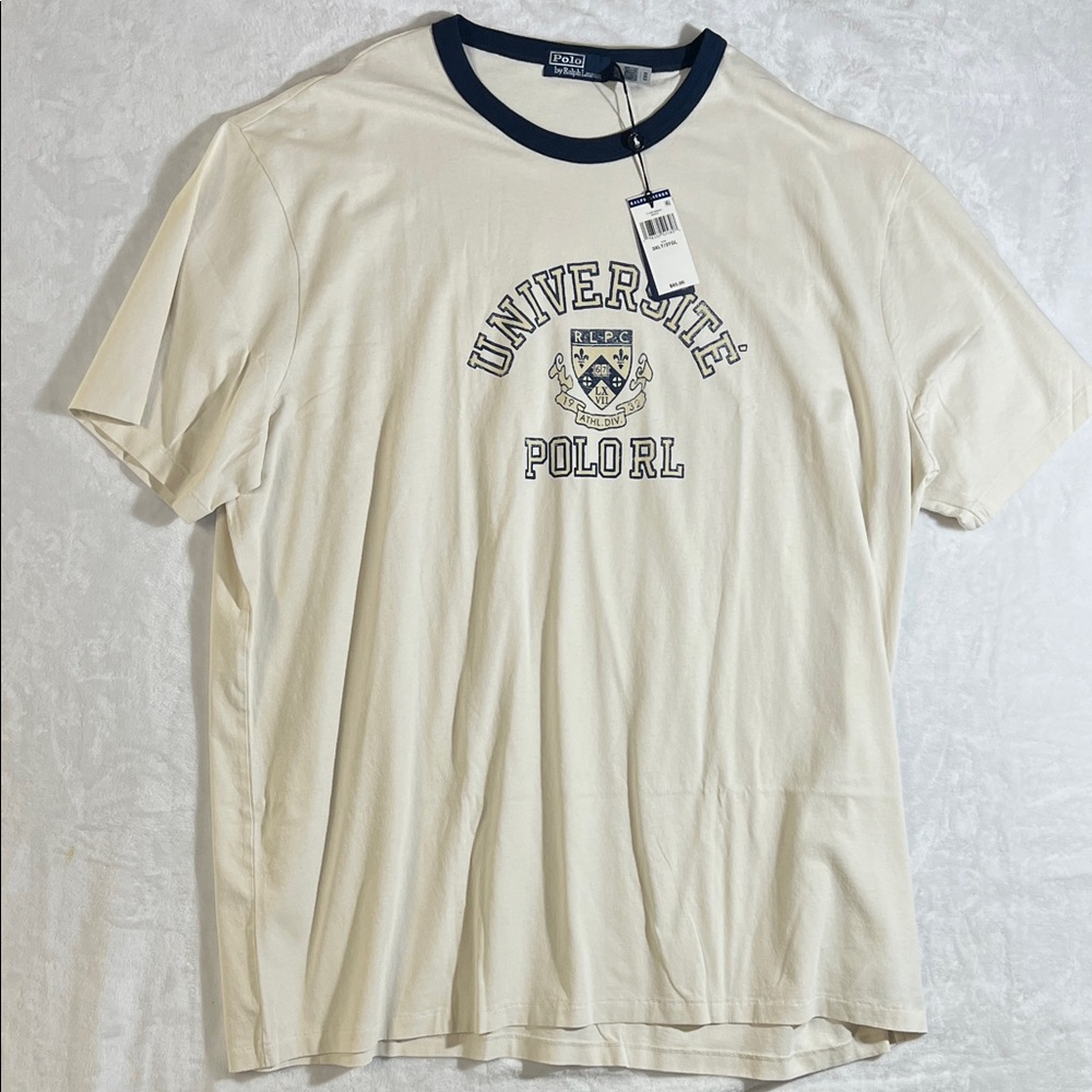 Polo by Ralph Lauren Cream Ringer Tee with Navy Trim and Collegiate Crest